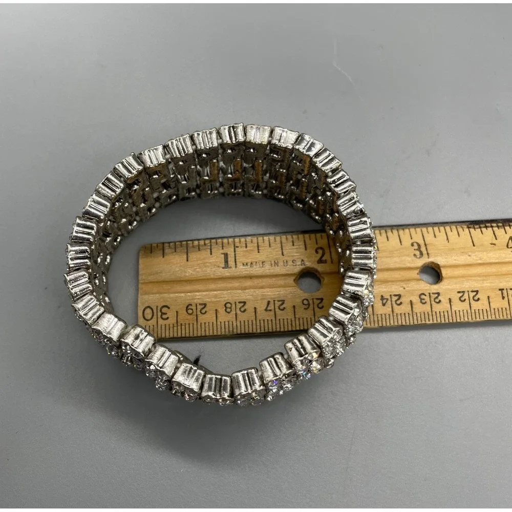 Vintage Silver Tone Clear Rhinestone 5 Row Interlocking Stretch Cuff Bracelet
